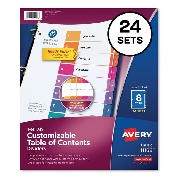 Avery Dennison Table of Contents Index Dividers 8 Tab, PK24 11168